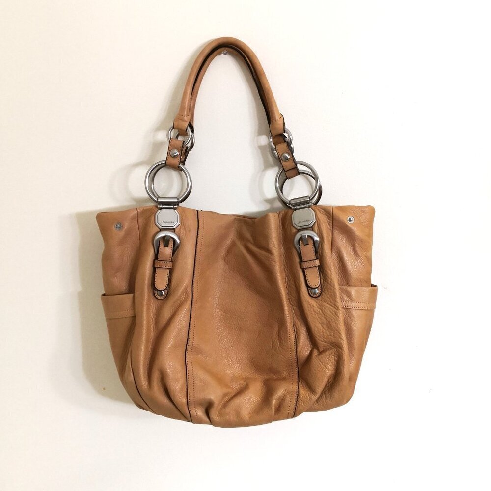 B. Makowsky Leather Buckle Detail Shoulder Bag Tan Orange 19"Lx12.5"Hx5"D